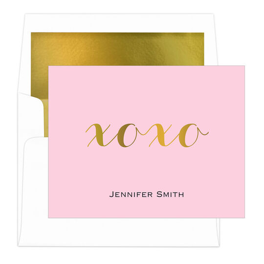 Pink Hugs & Kisses Gold Foil Foldover Note Cards with Lined Envelopes